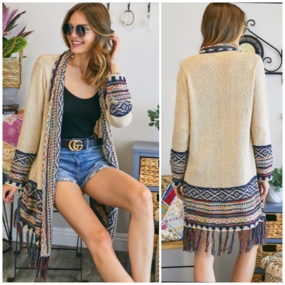 Sweaters - SOLD OUT Ivory Bohemian Tribal Aztec Print Fringe Open Front Cardigan Knit
